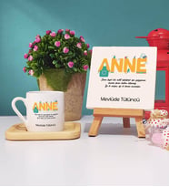 Anneler Günü Hediyesi Anneye Hediye - 8 - Ahşap Altlıklı Türk Kahvesi Fincanı ve Dekoratif Taş Baskı