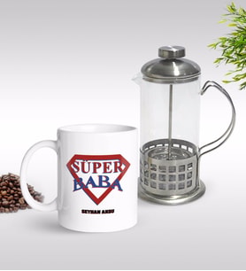 BK Gift Kişiye Özel Süper Baba Tasarımlı Kupa & French Press Seti-3 (Model 1)