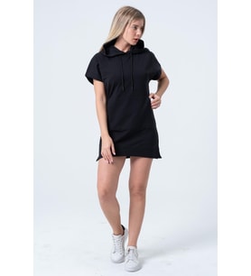 Siyah Uzun Sweatshirt Elbise Tunik Kısa Kollu Kanguru Cepli