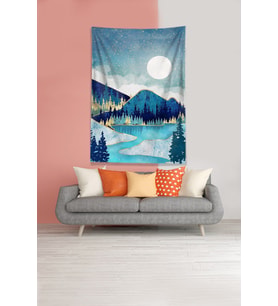 Mavi Ay Tutulması Leke Tutmaz Kadife Kumaş Duvar Örtüsü Duvar Halısı Tapestry