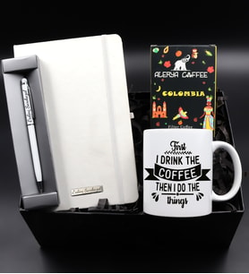 Kişiye Özel Beyaz Defter & Beyaz Touch Pen & Alerya Colombia Filtre Kahve & Coffee Kupa Hediye Seti