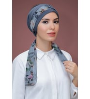 Gri Pratik Hazır Geçmeli Tesettür Bone Sandy Kumaş Desenli Şifon Kemerli 1205D_15
