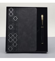 Desenli Siyah Deri Defter Kalem Set