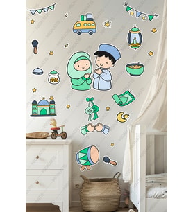 Dua Eden Çocuklar - Ramazan Ayı Temalı Ramazan Sticker Seti Cam Duvar Süsleri Çocuk Odası