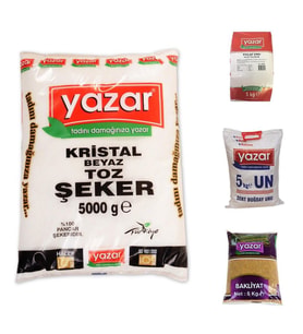 YAZAR KURU GIDA SETİ 5KG YULAF UNU+5KG PİLAVLIK BULGUR+5KG ÇOK AMAÇLI UN+5KG TOZ ŞEKER 