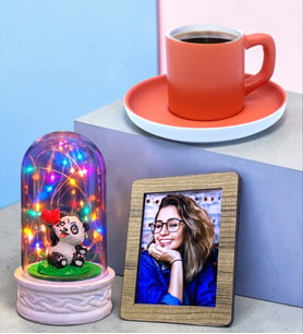 Kahve Fincanı, Fotoğraf ve Renkli Led Işıklı Pandalı Fanus Hediye Seti