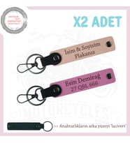 Retro Motorculara Özel Tasarım, Plaka ve İsim Yazılı 2’li Deri Anahtarlık, Yavruağzı-Pembe-Laci