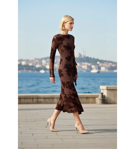 Kadın Midi Elbise Bodycon Bisiklet Yaka Uzun Standart Kol Flok Baskılı Tül Astarlı Çiçek