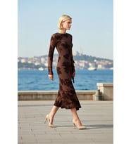 Kadın Midi Elbise Bodycon Bisiklet Yaka Uzun Standart Kol Flok Baskılı Tül Astarlı Çiçek