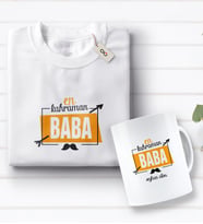 BK Gift Kişiye Özel En Kahraman Baba Tasarımlı Beyaz Tişört ve Kupa Seti-2 (Model 1)