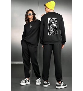 Unisex Skullcracked Baskılı Bisiklet Yaka Eşofman Takımı (Siyah)