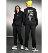 Unisex Skullcracked Baskılı Bisiklet Yaka Eşofman Takımı (Siyah)