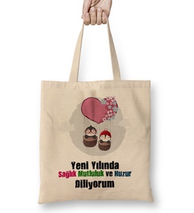 Yılbaşı Yeni Yıl Konseptli Mutlu Yıllar Hediye 06 Bez Çanta Uzun Saplı