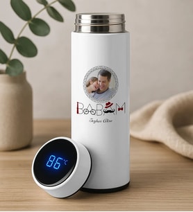 BK Gift Fotoğraflı Baba Tasarımlı Filtreli Dijital Göstergeli Beyaz Çelik Termos-1, Babaya Hediye, Babalar Günü Hediyesi