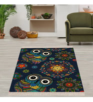 Mandala Baykuş Desenli Çiçekli Dijital Baskı Yıkanabilir Kaymaz Taban Etnik Salon Halısı ve Yolluk (Siyah)