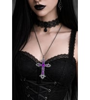 Gotik Haç Kolye Mor Detaylı Metal Unisex Zincirli Kolye