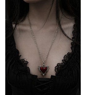 Gotik Kırmızı Kalp Kolye Gümüş Renk Zincir Unisex Vintage Tasarım