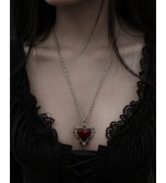 Gotik Kırmızı Kalp Kolye Gümüş Renk Zincir Unisex Vintage Tasarım
