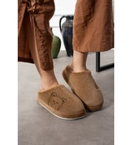 Ayıcık Desenli Nakışlı  Kışlık Unisex Ev Terliği  Kaydırmaz Taban (Vizon)