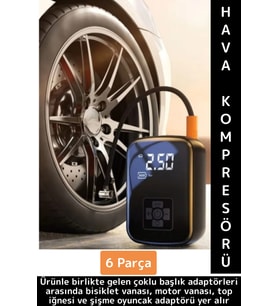 Premium Araba Motosiklet Bisiklet Şişme Yatak Dijital Led Ekranlı Şarjlı Hava Kompresörü 6 Parça
