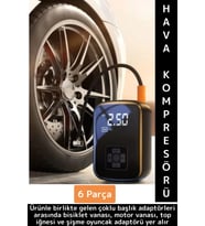 Premium Araba Motosiklet Bisiklet Şişme Yatak Dijital Led Ekranlı Şarjlı Hava Kompresörü 6 Parça