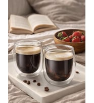 Çift Katmanlı Cam Bardak Seti 2'li 250 ml Borosilikat Double Wall Isı Yalıtımlı Şeffaf Kahve Bardağı Americano, Latte, Cappuccino ve Soğuk İçecek için