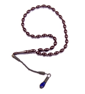 Arpa Kesim 11x7 mm  Ateş Kehribarı 34 Cm Alpaka Püsküllü Tesbih