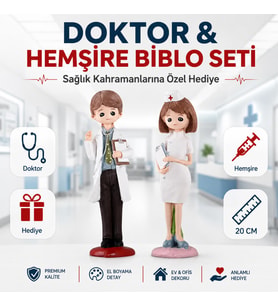 Lüks Polyester Doktor & Hemşire Biblo 2’li Set 20 cm Dekoratif Heykel Ofis Klinik Hastane Hediyesi