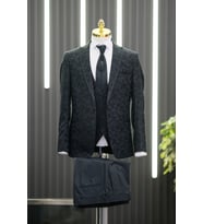Sivri Yaka Yelekli Flarlı Çiçek Desenli Pantolon Kombinli Slimfit Smokin Takım Elbise (Antrasit)