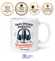 Podcaster Gençlere Yayındayız Kulaklık Mikrofon Kupası Hediye Bardak