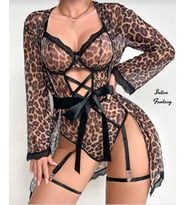 Intive Fantasy Leopar Desen Jartiyerli Bodysuit Sabahlık Gecelik Takım - Sınırlı Üretim