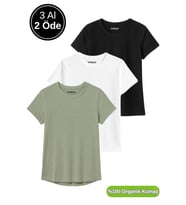 Kadın 3'lü Paket Siyah-Beyaz-Koyu Mint %100 Organik Pamuk Normal Kesim Tişört Bisiklet Yaka T-Shirt