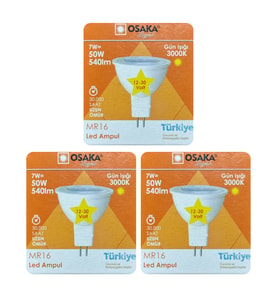 (3 Adet) Osaka 12Volt 7W (50W) Sarı (3000K) GU5.3 Duylu (İğne Bacak) Led Spot Ampul