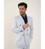 Dufy Mavi Erkek Slim Fit Çizgili Kruvaze Yaka Takım Elbise - 104425