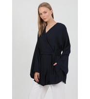Doğal Viskon Kumaş Cepli Kemerli Kadın Kimono 1168 – Yakasız, Hafif, Dökümlü, Yazlık Model (Lacivert)