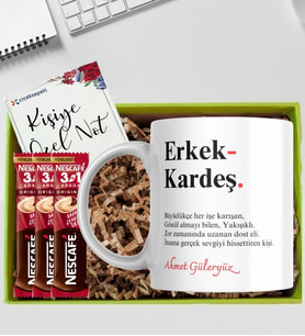 Erkek Kardeşe Özel İsimli Kupa Bardak Üç Adet Kahve Hediye Seti