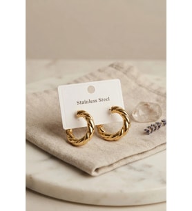 316L Çelik Gold Renk Vintage Kıvrımlı Halka Model Küpe