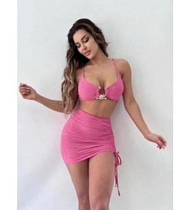 Neon Pembe Toka Detaylı Crop Ve Etekli İkili Takım