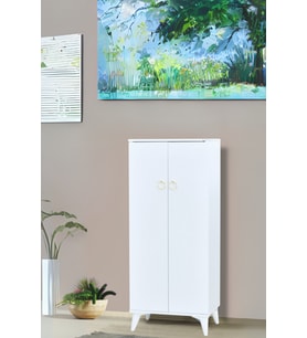 Oya Beyaz Ayakkabılık 2 Kapaklı Raflı Altın Kulplu 60x32x150 Cm