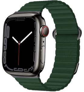 Uyumlu Model Apple Watch 7 8 41mm Kordon Mıknatıslı Magnetik Deri Kordon (Koyu Yeşil)