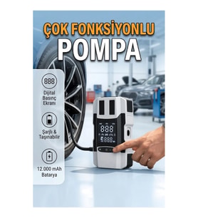 Çok Fonksiyonlu Araç Lastik Şişirme Pompası – Akü Takviye ve Powerbank Özellikli