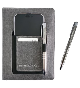 Kişiye Özel Telefon ve Kart Cepli Defter Füme Renk Çizgili Tarihsiz Defter Kalem Hediyeli