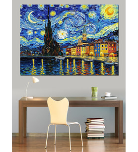 Van Gogh Tarzı Yıldızlı Gece Köprü Dekoratif Kanvas - Mdf Ahşap Tablo