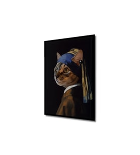 Çerçeve Görünümlü Dekoratif Ahşap Kare Kedi İnci Küpeli Kız Tablosu Ev/Ofis/İşyeri Tablo