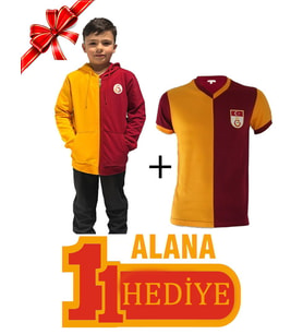 Galatasaray Orijinal Metin Oktay Kapüşonlu Çocuk Ceket Metin Oktay T-Shirt Hediyeli (Sarı-Kırmızı)