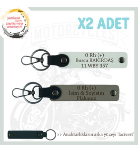 Motorcuya İsim Plaka ve 0 Rh (+) Kan Grubu Yazılı Anlamlı Hediye x2 Anahtarlık, Kül Gri-Beyaz-Laci