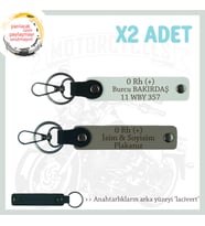 Motorcuya İsim Plaka ve 0 Rh (+) Kan Grubu Yazılı Anlamlı Hediye x2 Anahtarlık, Kül Gri-Beyaz-Laci
