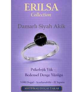 Sertifikalı Psikolojik Yük Bedensel Denge Yüzüğü - Damarlı Siyah Akik Ayarlamalı Akrep Oğlak Kova (Çok Renkli)
