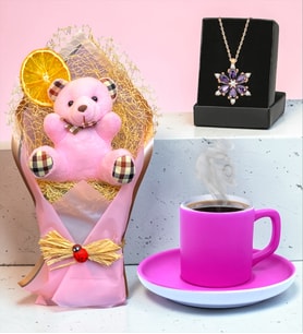 Pembe Ayıcık Buketi, Gerçek Ametist Taşlı Lotus Kolye ve Pembe Türk Kahvesi Fincanı