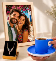Kişiye Özel Fotoğraflı Hediye Seti Mavi Kahve Fincanı ve Mikail Meleği Kolyeli